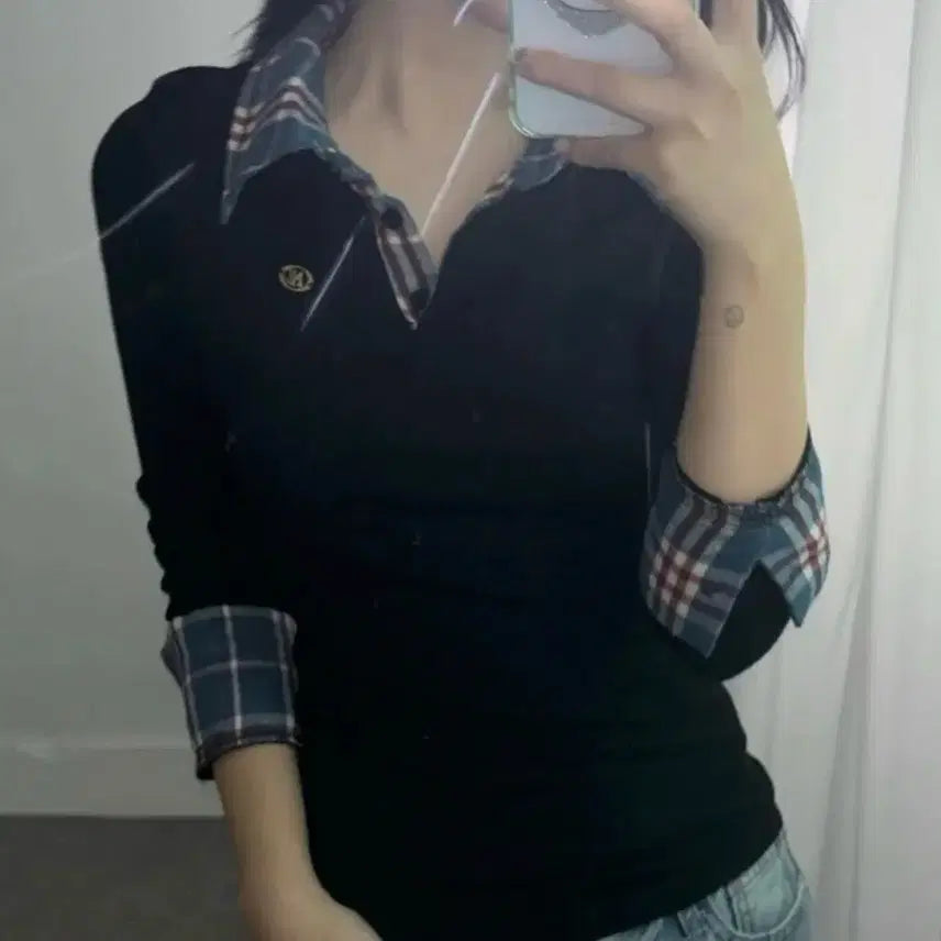 [BUNJANG] Preppy Check Layered Slim Collar Shirt / 프레피 체크 레이어드 슬림 카라