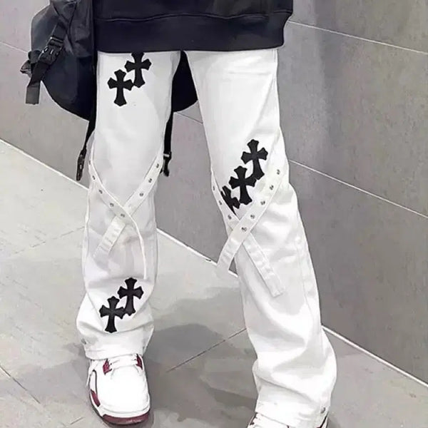 [BUNJANG] Y2K Punk Cross Detail Denim Pants / 화이트 크로스 십자가 데님 팬츠 M y2k 펑크 섭컬