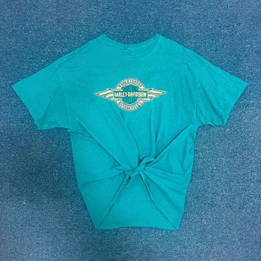 [BUNJANG] Harley-Davidson Cutout Short Sleeve T-Shirt Blue-Green / 할리데이비슨 컷팅 반팔 티셔츠 블루그린