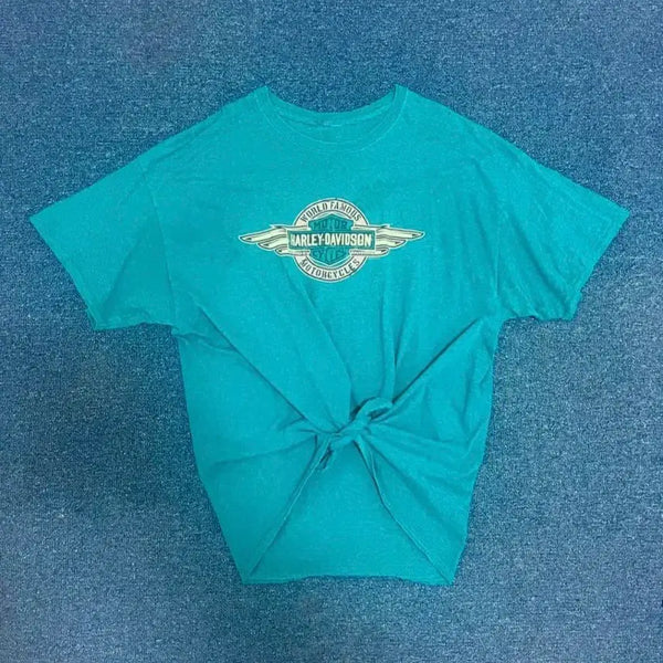 [BUNJANG] Harley-Davidson Cutout Short Sleeve T-Shirt Blue-Green / 할리데이비슨 컷팅 반팔 티셔츠 블루그린