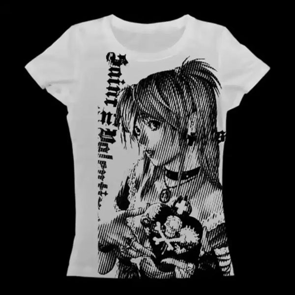 [BUNJANG] Y2K Anime Print Slim Fit Short Sleeve T-Shirt White (New) / Y2K 프린팅 슬림 반팔 티셔츠 화이트 S (새상품) 1D1B-6
