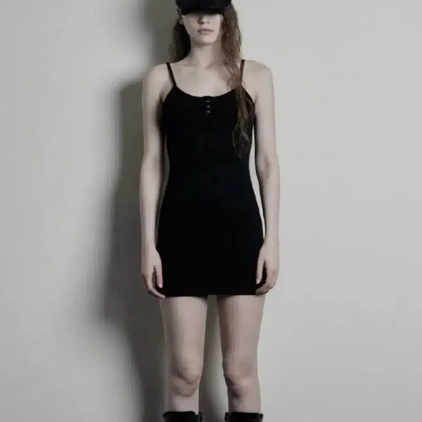 [BUNJANG] Bohemian Seoul Button Sleeveless Mini Dress Black / 보헤미안서울 보헴서 버튼 슬리브리스 미니 원피스 드레스 블랙 보헴서