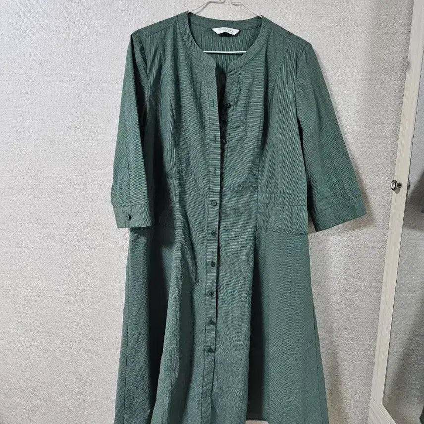 [BUNJANG] Linen Color-Block Shirt Dress - Green / 린넨 배색 셔츠 원피스 그린