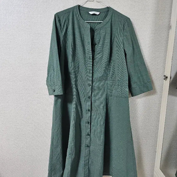 [BUNJANG] Linen Color-Block Shirt Dress - Green / 린넨 배색 셔츠 원피스 그린