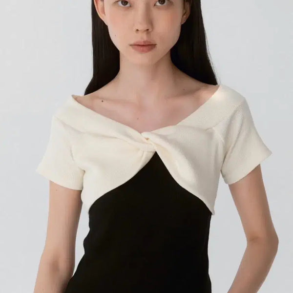 [BUNJANG] Comb Studio Two-Tone Off-Shoulder Ribbon Top (Size S) / 콤브스튜디오 투톤 오프숄더 리본 탑 S