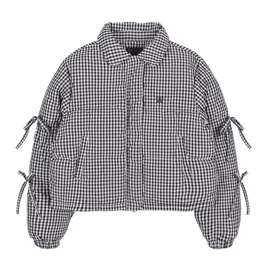 [BUNJANG] Fancy Club Ribbon Collar Short Puffer Padding Black Check / 팬시클럽 리본 카라 숏 푸퍼 패딩 블랙 체크