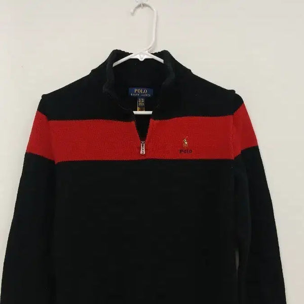 [BUNJANG] Polo Ralph Lauren Zip-Up Knit Sweater Black Red / 폴로 랄프로렌 집업 니트 블랙 레드