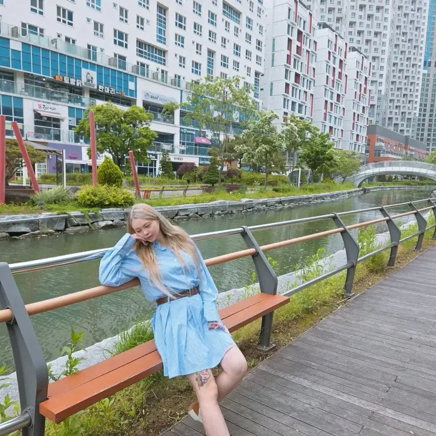 [BUNJANG] Stripe Belted Shirt Dress / 셔츠벨트 원피스