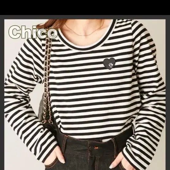 [BUNJANG] Chico Nice Club Striped Appliqué Long Sleeve T-Shirt / 치코 나이스클럽 스트라이프 단가라 와펜 긴팔 티셔츠