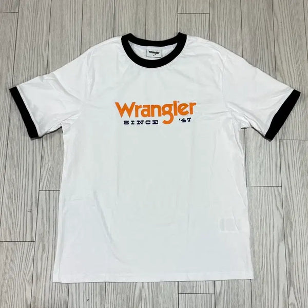 [BUNJANG] Wrangler Ringer T-Shirt M White Black Logo / 랭글러 링거 반팔티m 상태a