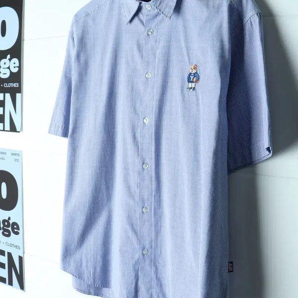 [BUNJANG] YALE Striped Short-Sleeve Shirt Navy Blue / (M-L) 예일 반팔셔츠 남방 스트라이프 연블루 아메카지-H34416