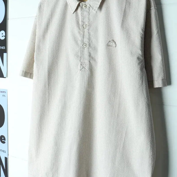 [BUNJANG] M-L Brown Seersucker Stripe Short-Sleeve Shirt / (M-L) 리 반팔셔츠 남방 스트라이프 브라운 시어서커-H34417
