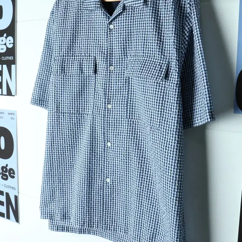 [BUNJANG] Beslow Seersucker Check V-Neck Short Sleeve Shirt (L-XL) Blue / (L-XL) 비슬로우 반팔셔츠 남방 브이넥 시어서커 체크 블루-H3441