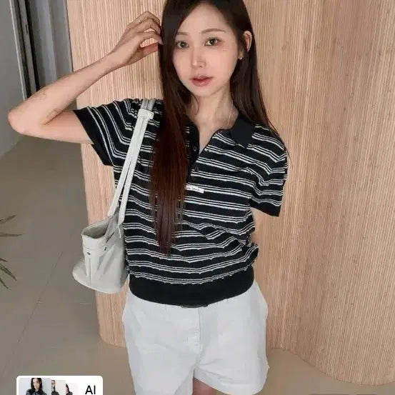 [BUNJANG] General Idea Stripe Collar Half Knit - Navy, Size S / 제너럴아이디어 스트라이프 카라 하프 니트 새상품