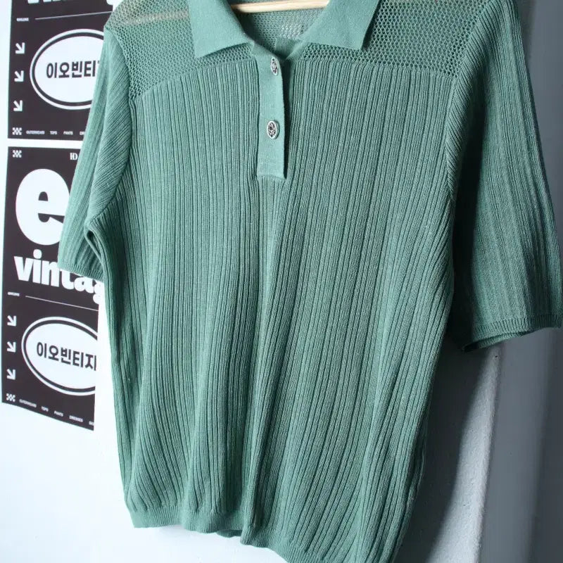 [BUNJANG] The Izzat Half-Sleeve Collar T-shirt Knit See-Through Green / W(S-M) 더아이잗 반팔 카라 티셔츠 니트 시스루 그린-H34444