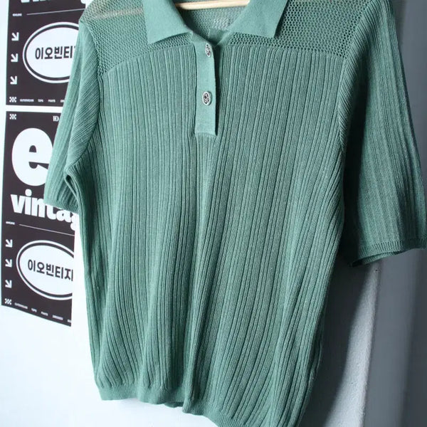 [BUNJANG] The Izzat Half-Sleeve Collar T-shirt Knit See-Through Green / W(S-M) 더아이잗 반팔 카라 티셔츠 니트 시스루 그린-H34444