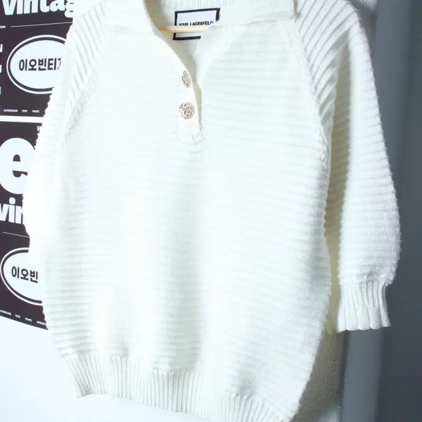 [BUNJANG] KARA KARLFRANZ Short Sleeve Knit Polo T-Shirt White / W(S-M) 칼라거펠트 반팔 카라 티셔츠 니트 골지 화이트-H34446