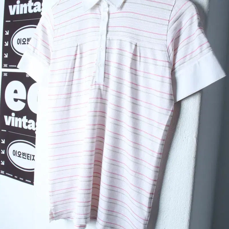 [BUNJANG] Adidas Golf Performance Striped Short Sleeve Polo T-Shirt - H34447 / W(M) 아디다스 반팔 카라 티셔츠 골프 기능성 스트라이프-H34447