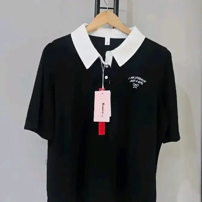 [BUNJANG] Black Short Sleeve Polo Shirt with White Accents / 블랙 반팔 카라티 화이트 배색 /새상품