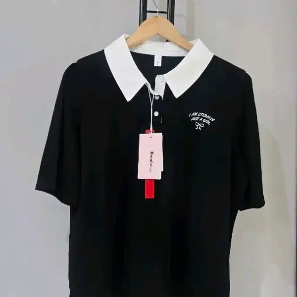 [BUNJANG] Black Short Sleeve Polo Shirt with White Accents / 블랙 반팔 카라티 화이트 배색 /새상품
