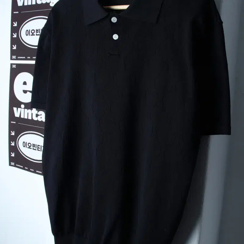 [BUNJANG] ASH HOUR Black Wave Pattern Knit Collar T-Shirt / (F) 애쉬아워 반팔 카라 티셔츠 니트 물결패턴 블랙 놈코어-H34451
