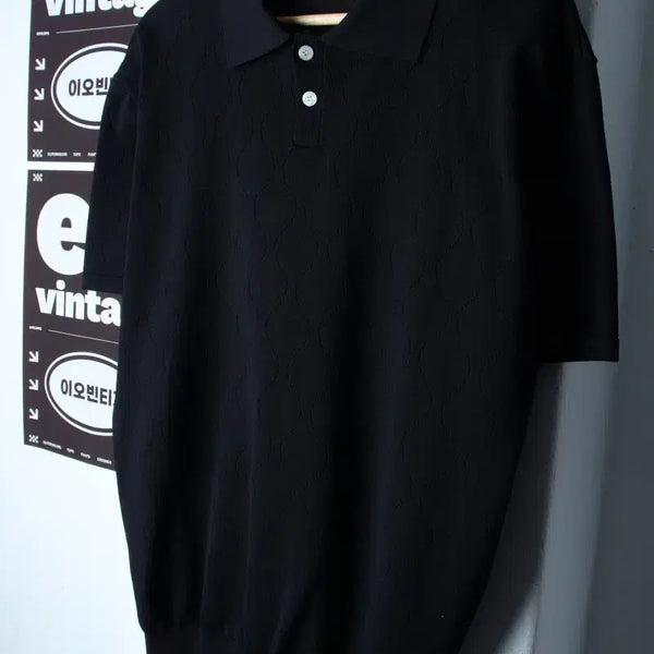 [BUNJANG] ASH HOUR Black Wave Pattern Knit Collar T-Shirt / (F) 애쉬아워 반팔 카라 티셔츠 니트 물결패턴 블랙 놈코어-H34451