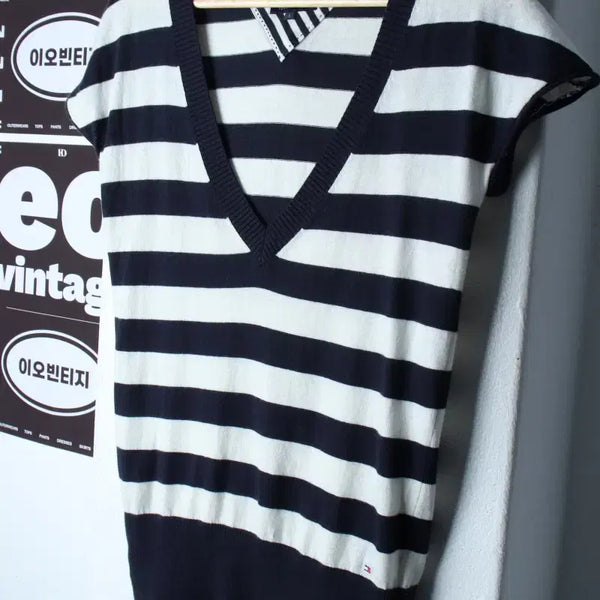 [BUNJANG] Tommy Hilfiger Striped Short Sleeve Knit T-Shirt / W(S-M) 타미힐피거 반팔 티셔츠 반소매 니트 스트라이프-H34461
