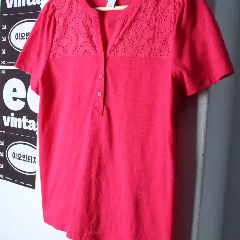 [BUNJANG] W(S-M) Liz Clayborn V-Neck Pattern See-through Short Sleeve T-shirt / W(S-M) 리즈 클레이본 반팔 티셔츠 브이넥 패턴 시스루-H34466