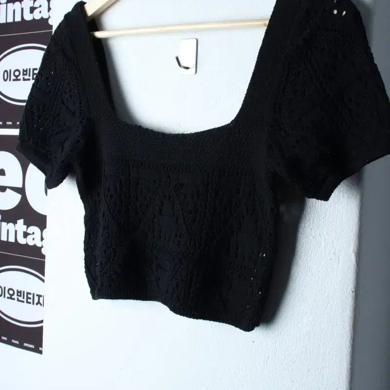 [BUNJANG] Zara Wide Neck Knit Black Cropped T-Shirt / W(M) 자라 반팔 티셔츠 와이드넥 니트 블랙 크롭-H34467
