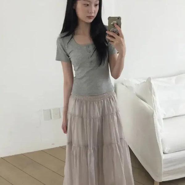 [BUNJANG] Chiffon Long Tiered Flare Skirt (Gray) / 쉬폰 롱 캉캉 플레어 스커트 (그레이)