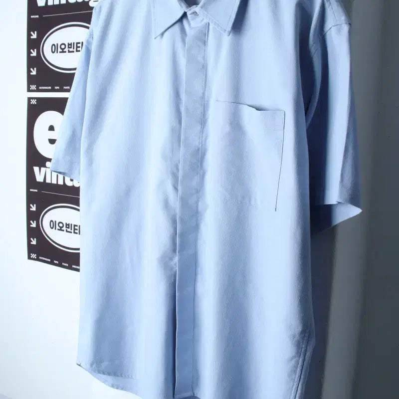 [BUNJANG] Drawfit Linen Short Sleeve Shirt (Sky Blue) / (M-L) 드로우핏 반팔셔츠 남방 연블루 포켓 무지 놈코어-H34483