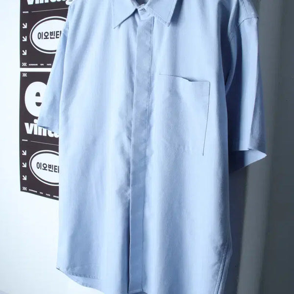 [BUNJANG] Drawfit Linen Short Sleeve Shirt (Sky Blue) / (M-L) 드로우핏 반팔셔츠 남방 연블루 포켓 무지 놈코어-H34483