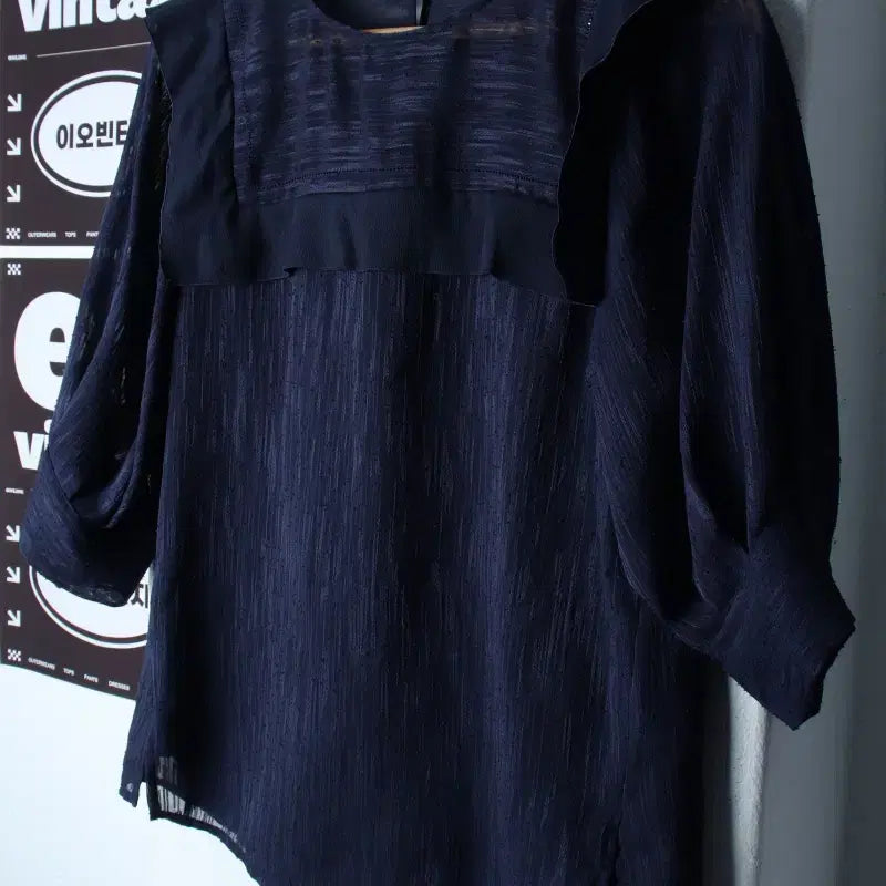 [BUNJANG] 잇미샤 (It Michaa) Navy Pattern See-Through Blouse Shirt / W(S-M) 잇미샤 반팔셔츠 남방 블라우스 네이비 패턴 시스루-H3448