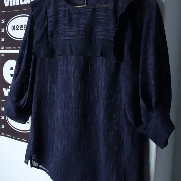[BUNJANG] 잇미샤 (It Michaa) Navy Pattern See-Through Blouse Shirt / W(S-M) 잇미샤 반팔셔츠 남방 블라우스 네이비 패턴 시스루-H3448