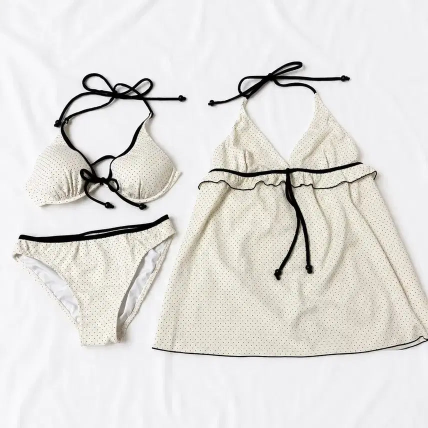 [BUNJANG] Japanese Vintage Polka Dot Bikini Three-Piece Set / 일본 빈티지 땡땡이 도트 비키니 라떼갸루 히메오네 쓰리피스 세트