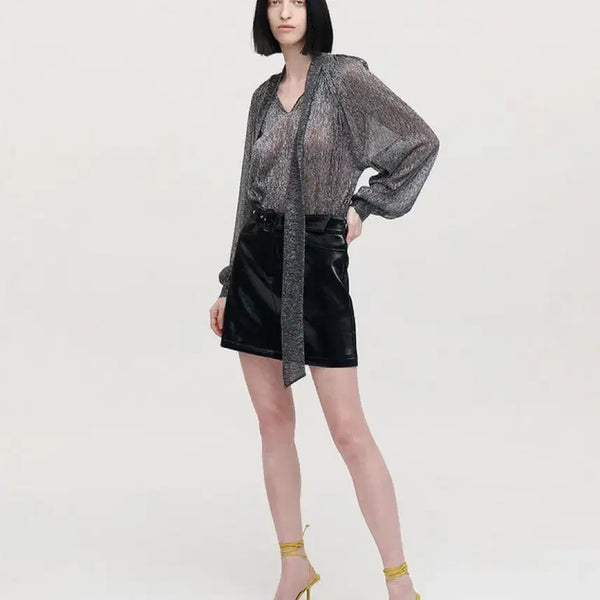 [BUNJANG] YCH High Neck Tie Blouse - Silver / ych 하이넥타이 블라우스 실버