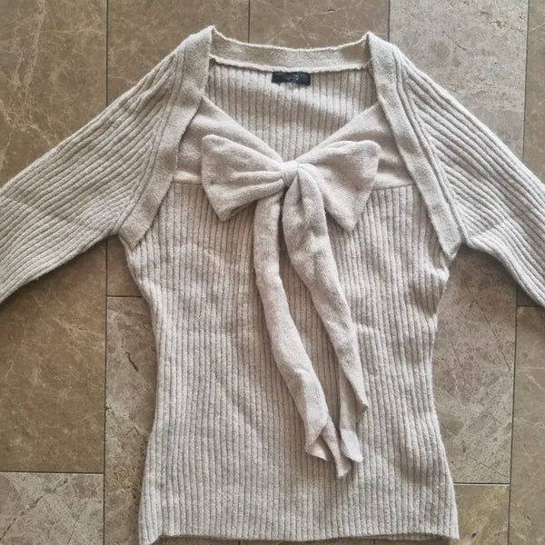 [BUNJANG] Women's Ribbed Knit Long Sleeve Top - Beige / 왕리본 니트 긴팔 베이지