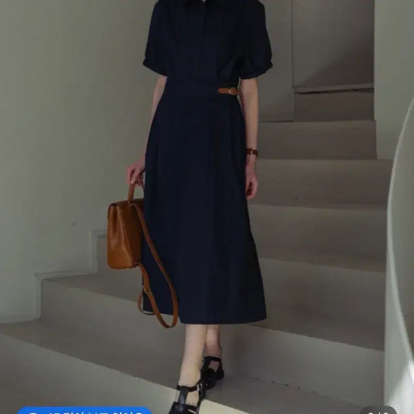 [BUNJANG] Tiladai Roll-up Shirt Dress Navy M / 틸아이다이 롤업 셔츠 원피스 네이비 M