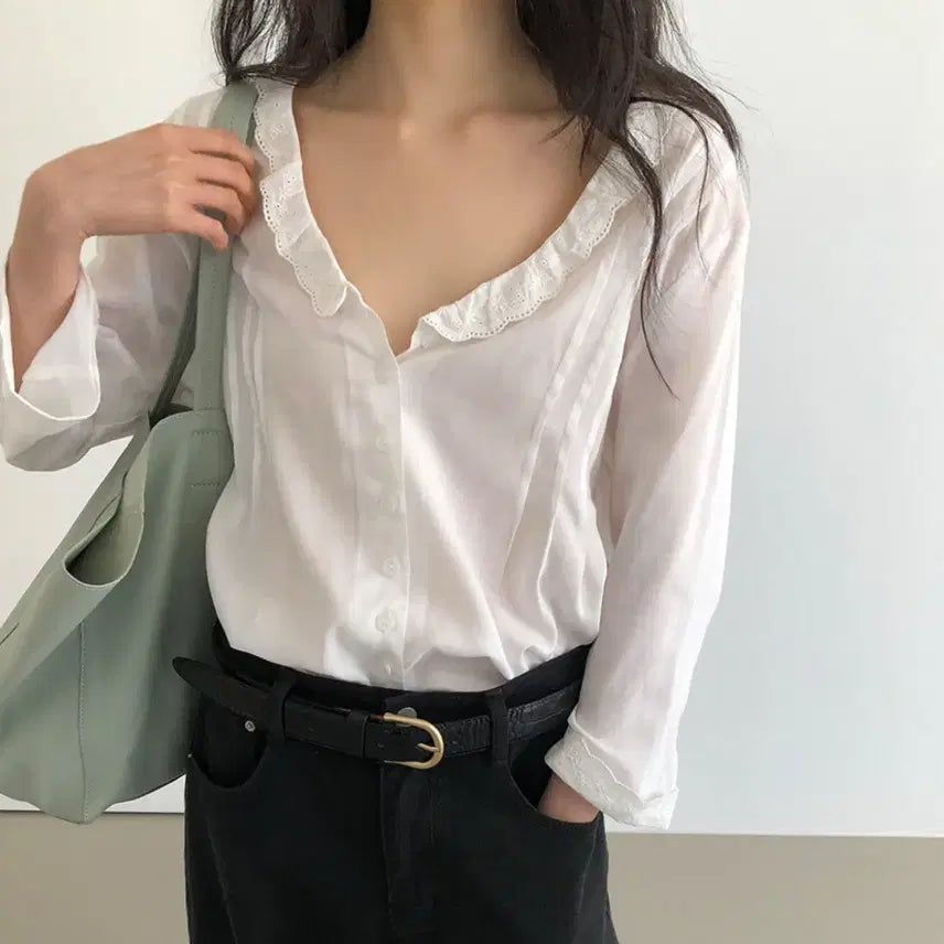 [BUNJANG] Maybe Baby Lace Pintuck 7/8 Sleeve Blouse Ivory / (메이비베이비/개봉새상품/5.2만원) 레이스 핀턱 7부 블라우스 아이보리