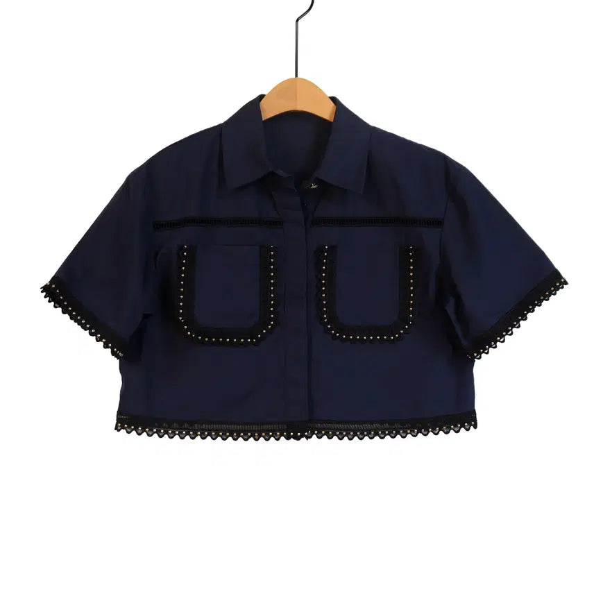 [BUNJANG] Navy Lace Trim Crop Jacket Short Sleeve Shirt / 네이비 레이스 트리밍 크롭 자켓 프리 반팔 셔츠
