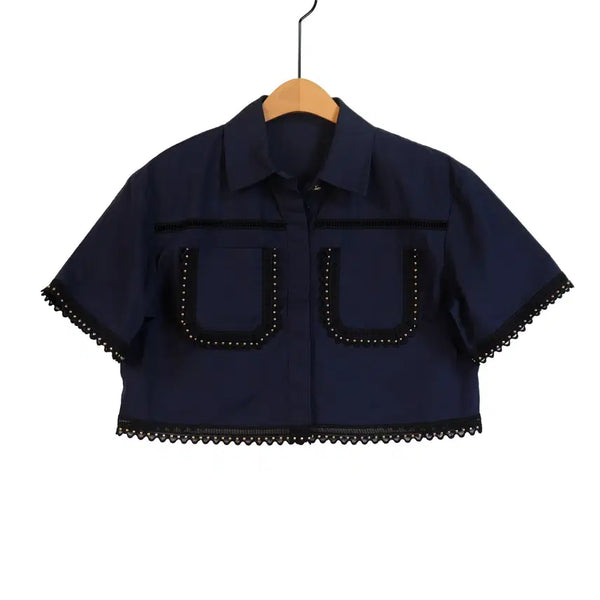 [BUNJANG] Navy Lace Trim Crop Jacket Short Sleeve Shirt / 네이비 레이스 트리밍 크롭 자켓 프리 반팔 셔츠
