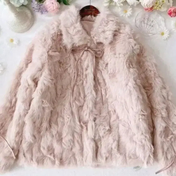 [BUNJANG] Strawberry Jam Project Kimo Ribbon Pink Fur Coat / 미사용) 딸기잼 프로젝트 키모 리본 핑크 퍼 코트