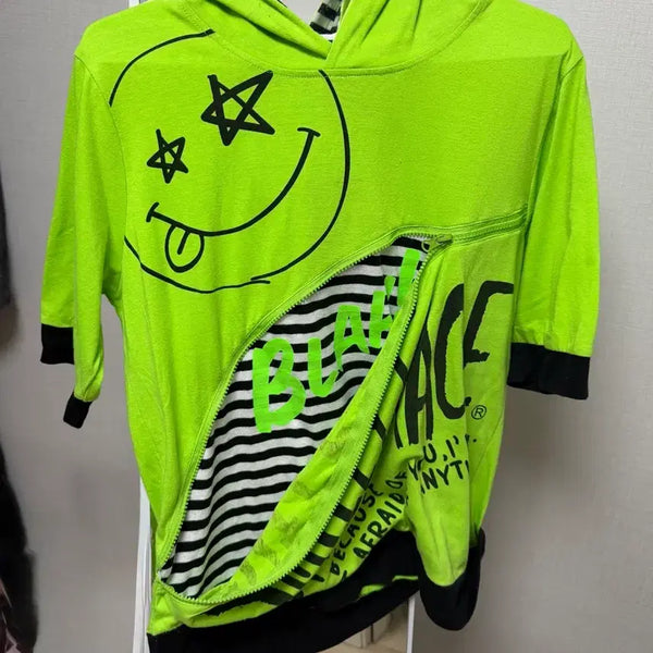 [BUNJANG] Green Smiley Face Zipper Hoodie / green smiley face zipper closer hoodie