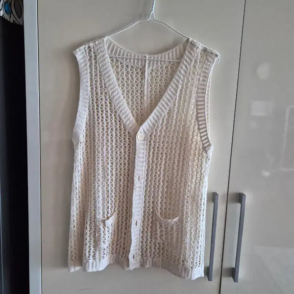 [BUNJANG] Ivory V-Neck Knit Cardigan with Net Mesh and Pockets / 그물망사시스루니트 가디건 아이보리 V넥 포켓