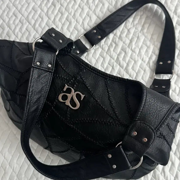 [BUNJANG] Black Patchwork Quilting Leather Hobo Shoulder Bag / 블랙 패치워크 퀼팅 가죽 호보 숄더백