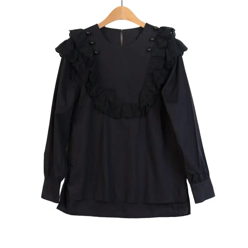 [BUNJANG] G-cut Lace Frill Blouse Black Cotton 100% / G-cut 레이스 프릴 블라우스 55 블랙 코튼 블라우스