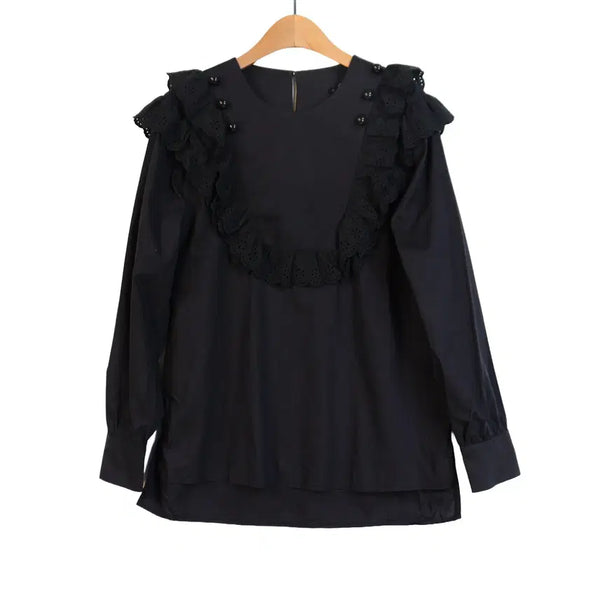 [BUNJANG] G-cut Lace Frill Blouse Black Cotton 100% / G-cut 레이스 프릴 블라우스 55 블랙 코튼 블라우스