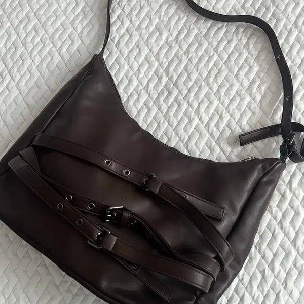 [BUNJANG] Dark Brown Eyelet Buckle Leather Hobo Shoulder Bag / 아일렛 버클 벨트 스트랩 가죽 호보 숄더백 다크브라운