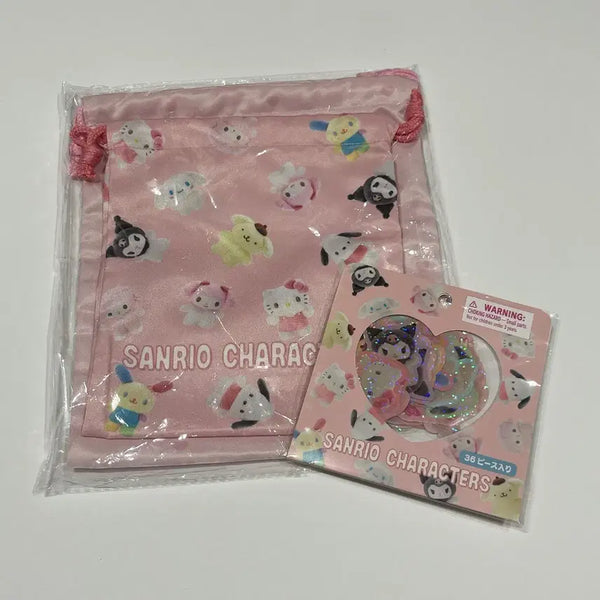 [BUNJANG] Sanrio Pittotto Friends Drawstring Pouch Set with Stickers / [일괄] 산리오 피탓토 프렌즈 조리개 파우치 세트, 스티커