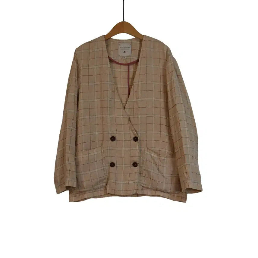 [BUNJANG] Thursday Island Linen Jacket Beige Check Notchless Double Button / Thursday Island 마 린넨 자켓 S 체크 노카라 자켓